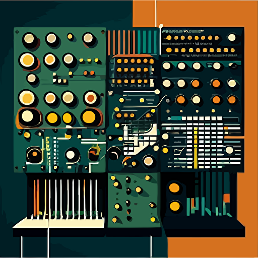 1960s vector art style Abstract design modular synthesizers, deep colours