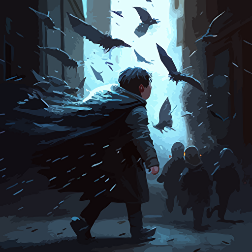 a swarm of dementors from Harry Potter flying towards a small young boy who stops them directly in their tracks with a shield shaped like a viral vector