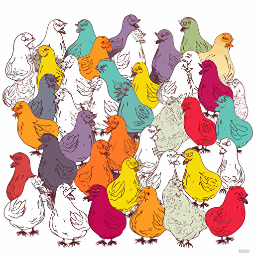 adorable brightly colored chickens on a white background + doodle style + white background + simple vector + bright colors