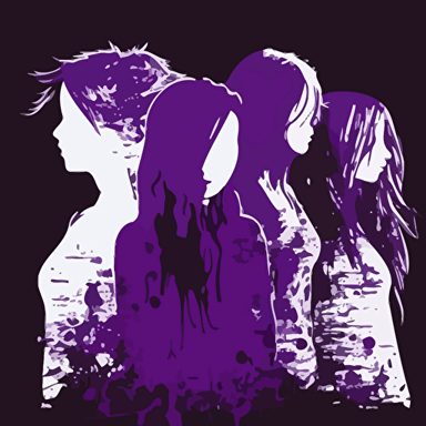 5 girl, Messy, Late Night, purple color, purple background, simple design, vector style, white outline over silhouette