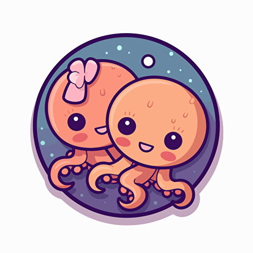 a simple flat round logo featuring two friendly smiling anime kawaii octopuses hugging, vector image, highly stylized anime, 32k uhd