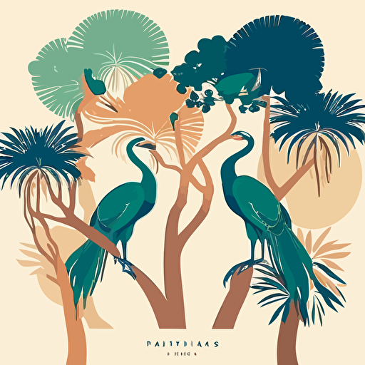 minimalist party poster with peacocks and banyan trees, tropical colors, Franz lenhart style, Travel poster vector style