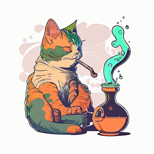 Cat smoking a bong, Sticker, Relaxed, Warm colours, anime, Contour, Vector, white background, Detailed