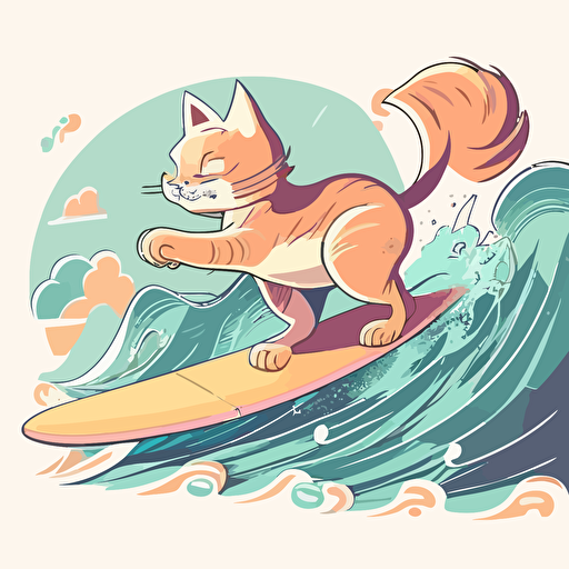 simple, vector art, vector, vector logo, 2d, surfer cat , Pastel, Cartoon, stylised
