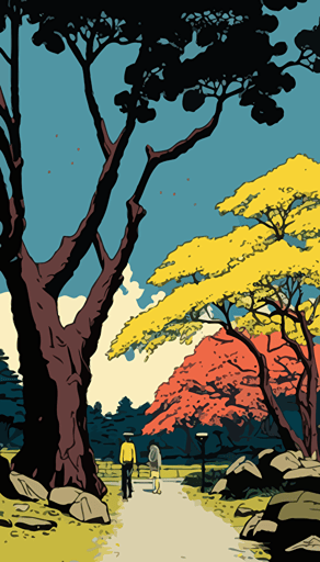 a panel from a Shōnen manga depicting a park, the seasons of the year passing by, scene in the suburbs, color pop, flat vector art, bright colors, high resolution