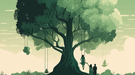 big beautiful green tree with a girl on the swing and parents standing looking, vector ilustration
