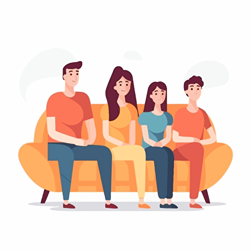 flat vector illustration family sitting on sofa, cartoon style, white background