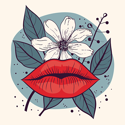 Vector illustration floral lips illustration, in the style of patrick caulfield, muted colors, simple line drawings, bill traylor, pseudo, nostalgic, hinchel or sticker white bakcground