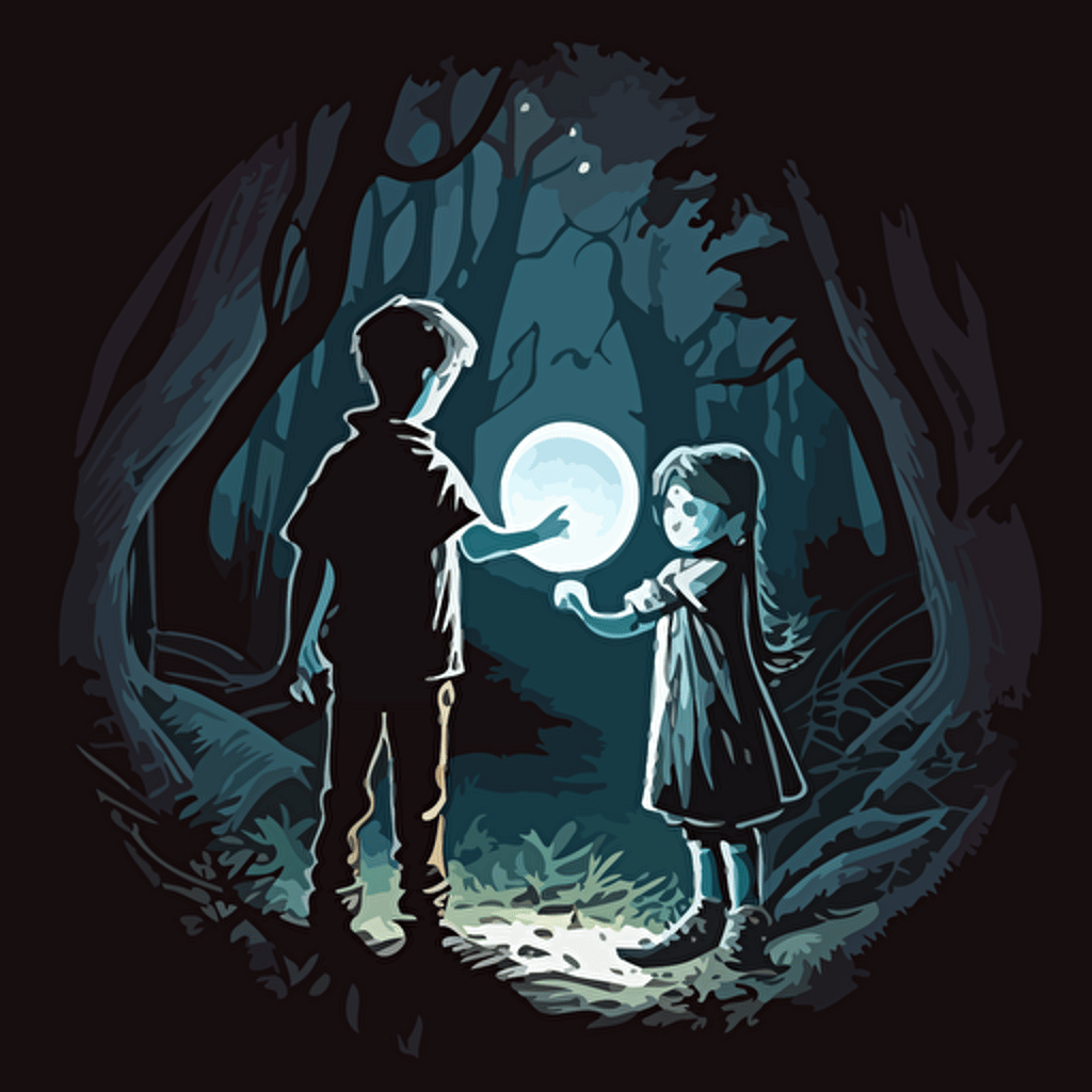 hand-drawn cartoon vector image like Thom Zahler, fantasy setting picture of 10 year old boy with a 10 year old girl in the woods at night and the girl is holding her hand out with glowing orb floating above her hand and their clothes should be like something from Lord of the Rings