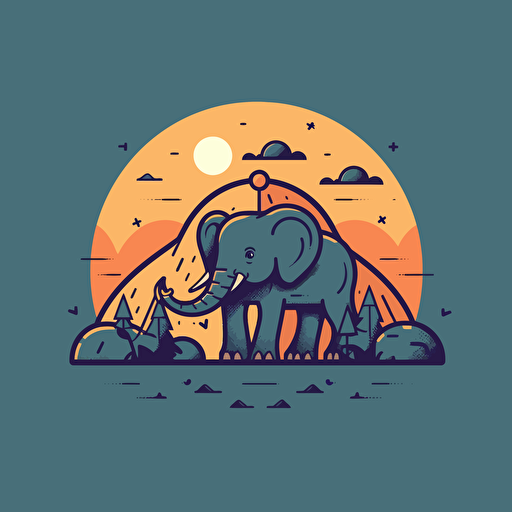 Elephant, Camping in the Mountains, Adventurous, Natural Lighting, Comic vector illustration style, flat design, minimalist logo, minimalist icon, flat icon, adobe illustrator, cute, Simple