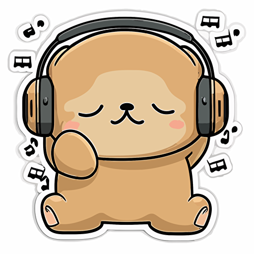 sticker, happy tan shih pooh wearing headphones, kawaii, contour, vector, white background s 250