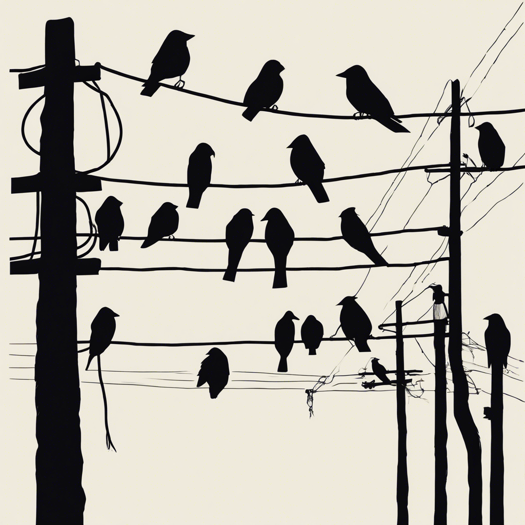 birds on a wire, illustration in the style of Matt Blease, illustration, flat, simple, vector