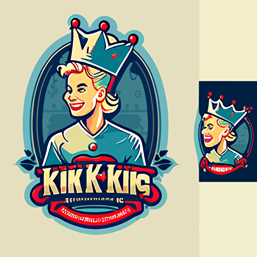 Retro Logo and brand for the "Kings Kitchen" featuring a royal king dressed up as a chef, young enthusiastic , blonde skin, wearing a crown like chef hat, with the kitchen in the background, flat, vector, 2D, comic book hero style