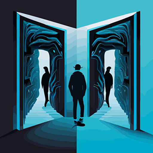 a vector illustration of the entrance to the virtual world, focusing in the difference of the real and the virtual world, style: using only flat vectors, in blue and black tones.