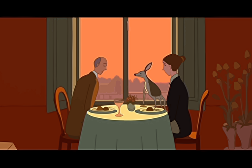 shot on Afga Vista 400, dinner with parents, dinner with all family, warm autumnal colors, non-blurred, sharp, walls decorated with rabbit and moon vectorial minimal contemporary symbols colors