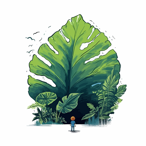 vector logo design, childs drawing, kid hiding on a big green leaf, cute drawing, Quentin Blake style