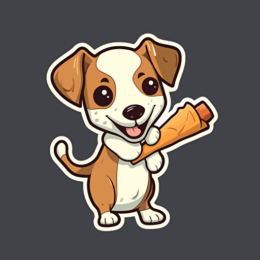 cartoon dog hold bone, lovable, wagging tail, Artwork, vector illustration, sticker