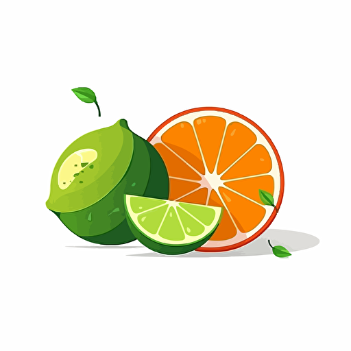 2d illustration of minimalist, orange fruit with half of a green lime laying in front, 2d, clean, illustration, vector, white background, cartoon, flat colors