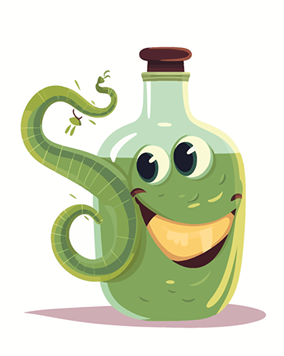 vector illustration bottle of tequila with a smiling worm, no background, cartoon style