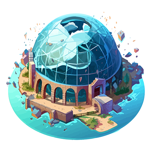 isometric cartoon vector image of a smashed aquarium dome building with transparent background