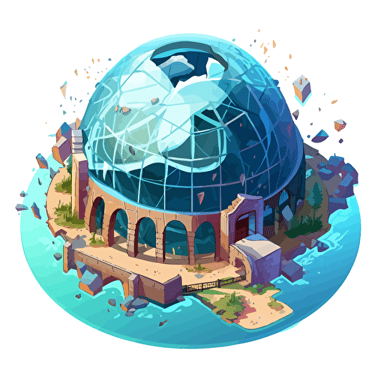isometric cartoon vector image of a smashed aquarium dome building with transparent background
