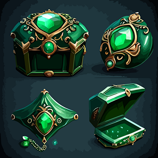green esmerald Jewerly box, closed, icon, hand painted, vectorial, design sheets for a game