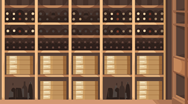 Slack like visualization of a small basement wine cellar with wooden cabinets along one wall wine rack are floor to ceiling with bottles held horizontally racks are back. Wooden boxes filled with wine bottles can be found in the wine rack.