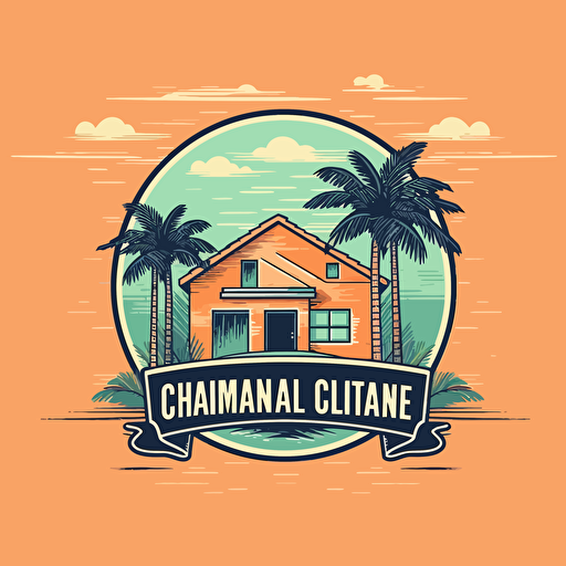 logo for house cleaning company with soft salmon background and modern house with palm trees on the side, vector logo, vector art, 2d