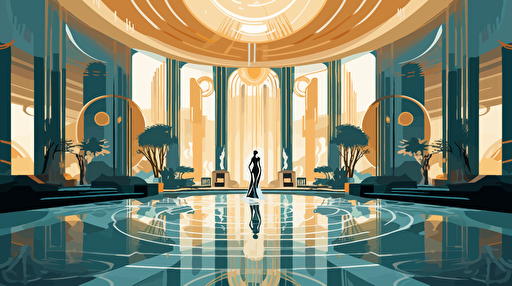 fritz lang inspired art deco ballroom with fountains. gold and blue colors, adobe illustrator vector art.