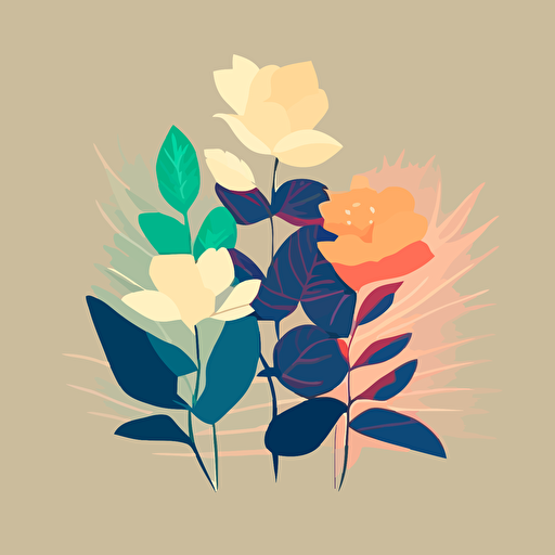 flat vector of 3 flowers and some leaves. Bright neon colours. Cream background. Flat. No shadow.