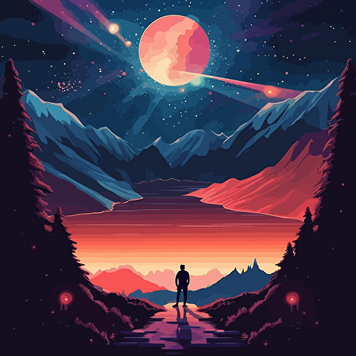 A stary night, light lofi music, and bornfire, vector based style, swiss poster style