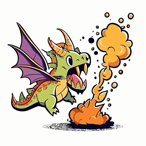 draw a 2D vector, cartoon, cute, happy scene about flying dragon throwing fire from its mouth, a simple drawing, in color but bordered with a black line, flat drawing and without details on a white background.