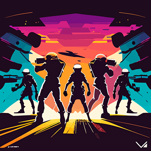 a silhouette of 4 people wearing VR headsets facing off in a battle arena, flat, vectorized, futuristic colors