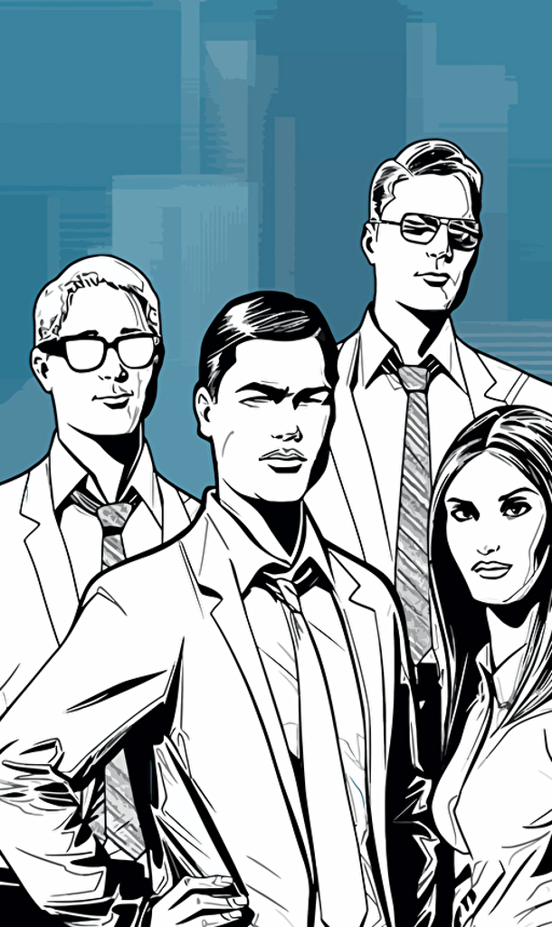 black white and blue illustration of venture capitalists, vector, comic style,