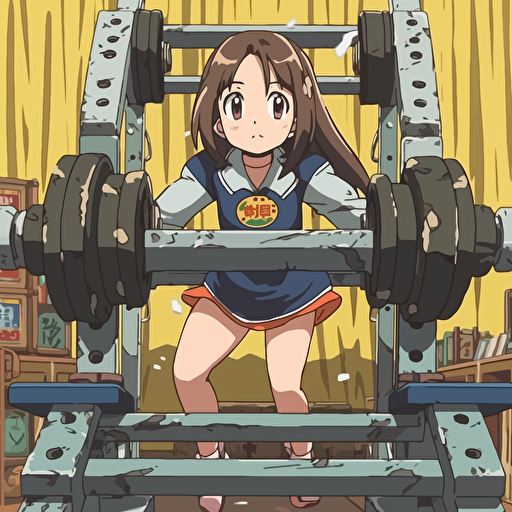 Yui from K-on anime manga is doing bench press with four plates each side of the weight bar, spotted by a robot mecha, in the style of jojo anime
