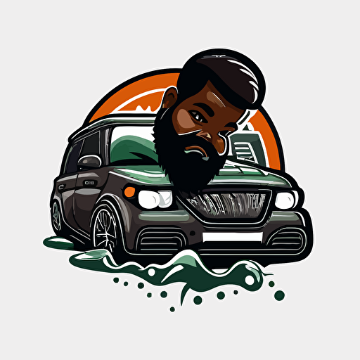 a logo of a black man with a beard washing a car,vectorized logo, flat, white background