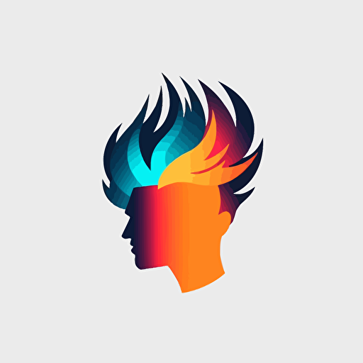 minimalistic vector logo, front face view of friendly AI with hair of fire, geometric and blocky, modern, clean, 3 colors