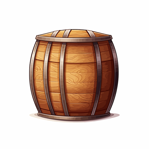 wooden barrel, simple forms, flatart, 2D vector style, cartoon, white background, side view
