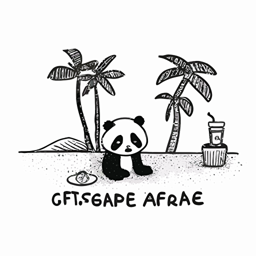 beach with panda, fire, coffee shop cute starbucks logo cartoon, minimal, line, NO COLOR, one line, black ink, vector, white background