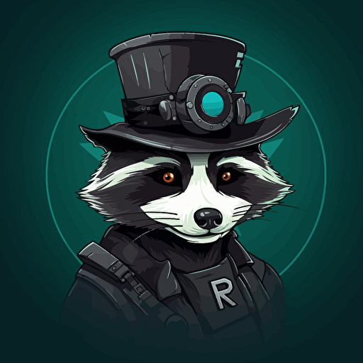 a robotic raccoon wearing a black hat, company logo, vector art, hacker