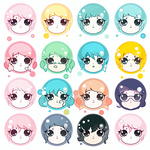 Kawaii bubbles, flat, 2D, vector, 16 colors, white background, in anime chibi style