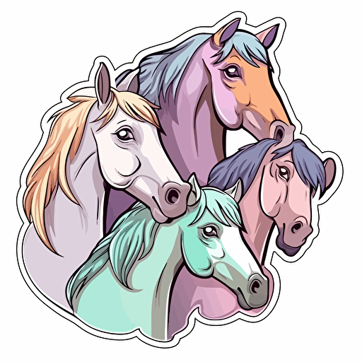 horses, Sticker, Adorable, Soft Color, mural art style, Contour, Vector, White Background, Detailed