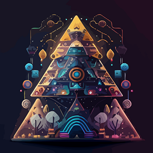 "In the bustling center of digital exchange, a resplendent digital pyramid stands tall, adorned with unique patterns and colors, surrounded by a fluid aura protecting ownership and security, with digits and symbols interwoven into a rotating nebula, symbolizing the vibrancy of NFTs in the world of blockchain transactions. Flat illustration, UI illustration, GUI, Minimalism, dark background, vector, trending on Dribbble, Pinterest.,