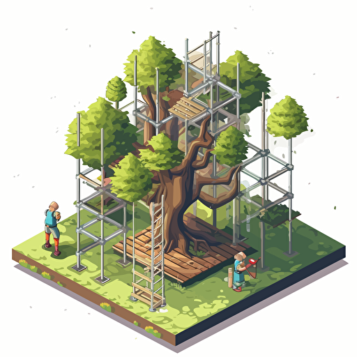 isometric cartoon vector style image of ia small tree with scaffolding platforms around it, transparent background