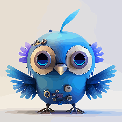 happy, cute, fat, robotic blue bird, large eyes, subtle gradients, colorful feathers, flat style, vector art, 2d