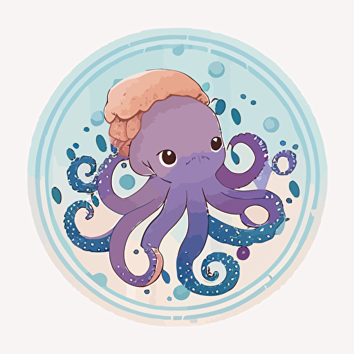circle logo design, flat 2d vector logo of a cute octopus, muted purple and blue colors, 80s, disney-inspired