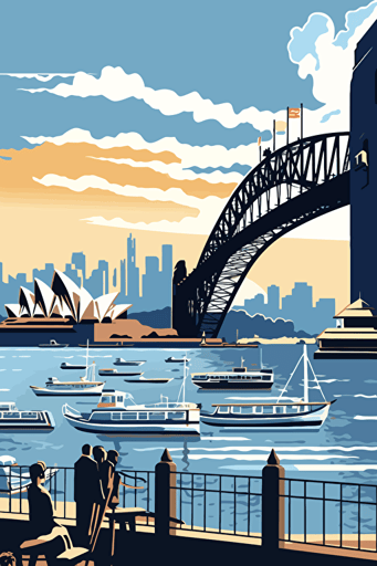 sydney harbour bridge and opera house, vector art, 1960s,