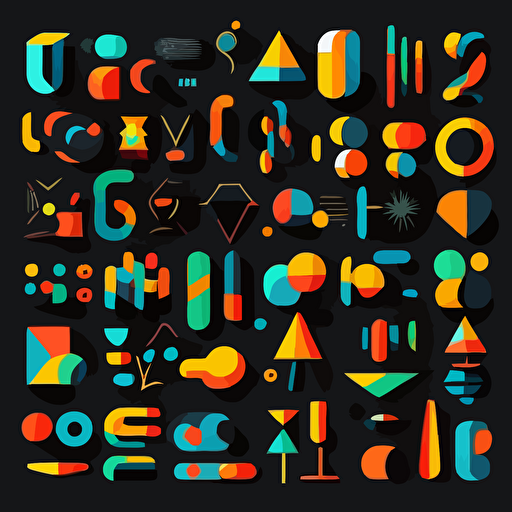 super flat super simple vector shapes with flashy color on black background