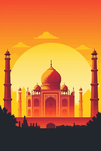 taj mahal, bright lighting, summer vibrant colors, sun in sky, faint clouds, front view, vector,