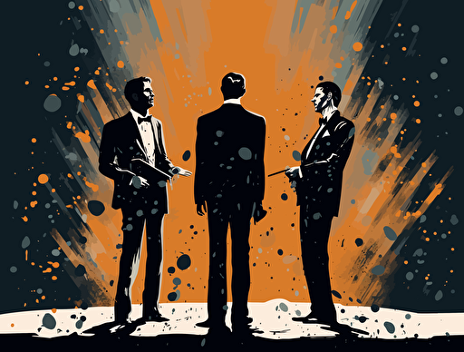 vector illustration of two men standing on stage in tuxedos, in the style of aestheticized violence, captured essence of the moment